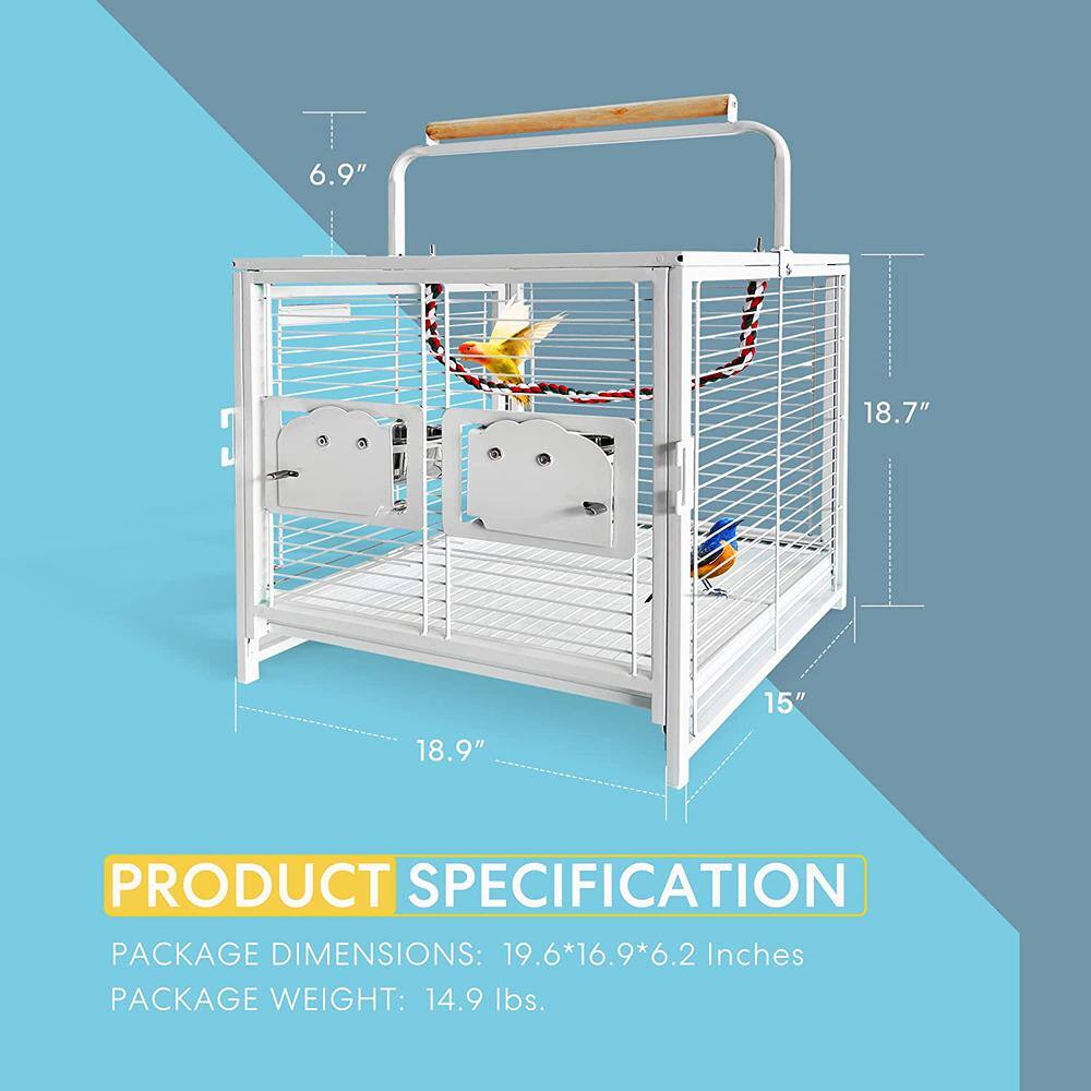 White Wrought Iron Bird Travel Carrier Cage with Wooden Perch