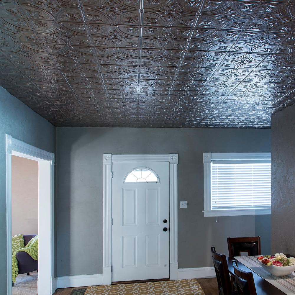 Brushed Nickel 2ft x 4ft Decorative Vinyl Glue-Up Ceiling Panels