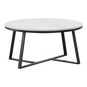 36 in. White and Black Round Faux Marble Coffee Table with Metal Base