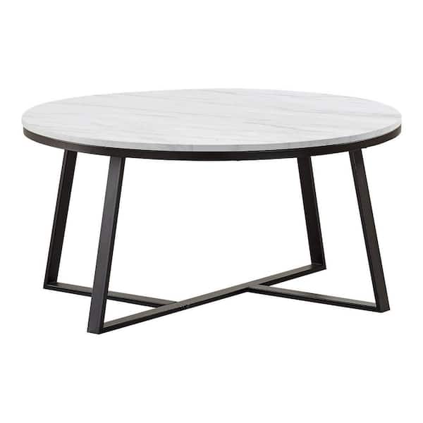 Benjara 36 in. White and Black Round Faux Marble Coffee Table with Metal Base
