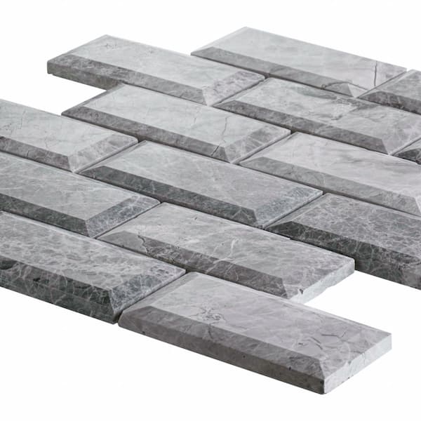 Jeffrey Court Tundra Grey 2 x 4 Beveled 10 in. x 11.875 in. x 10 mm Interlocking Polished Marble Mosaic Tile