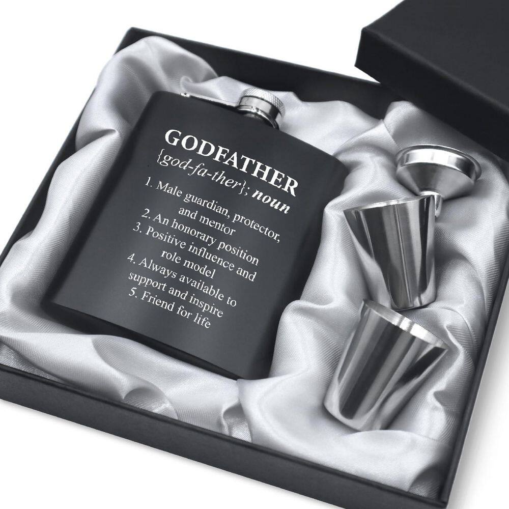 7 oz Engraved Hip Flask Set with 2 Shot Glasses and Funnel Godfather Proposal Gift in Satin-Lined Gift