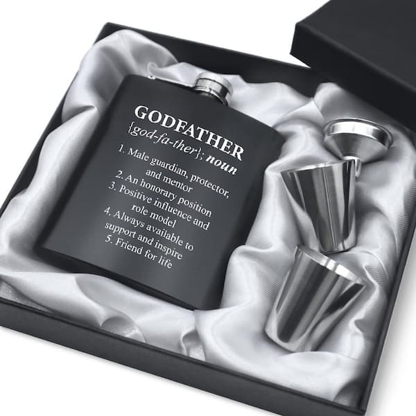 7 oz Engraved Hip Flask Set with 2 Shot Glasses and Funnel Godfather Proposal Gift in Satin-Lined Gift