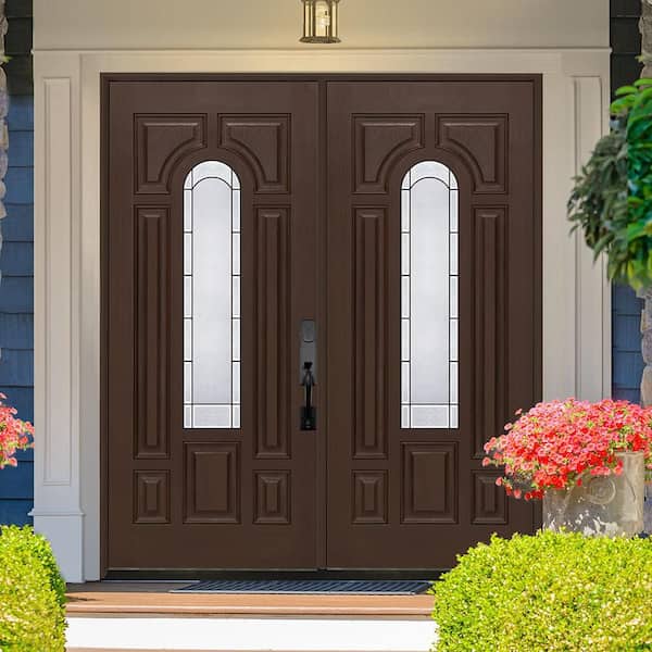 Regency 72 in. x 80 in. Center Lite Empire Deco Glass LHIS Hickory Fiberglass Double Prehung Front Door with 4-9/16 Jamb