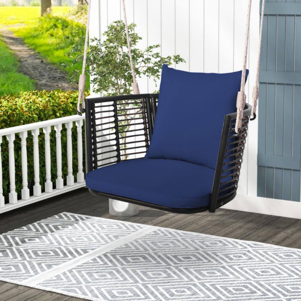 Mix Brown Rattan Hanging Chair with Blue Cushions
