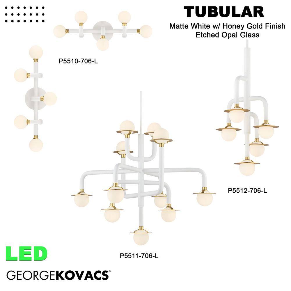 Tubular Matte White and Honey Gold LED Pendant with Etched Opal Glass