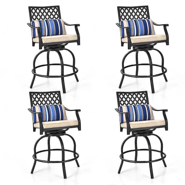 4-Piece Metal Patio Swivel Chairs Outdoor Bar Stools Height Chair Set with Cushions and Lumbar Pillows