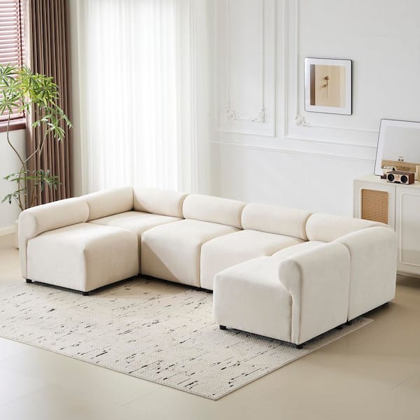 Juliet Modern 114 in. 6-Piece Modular Polyester Upholstered U-Shaped Sectional Sofa in Beige with Round Back