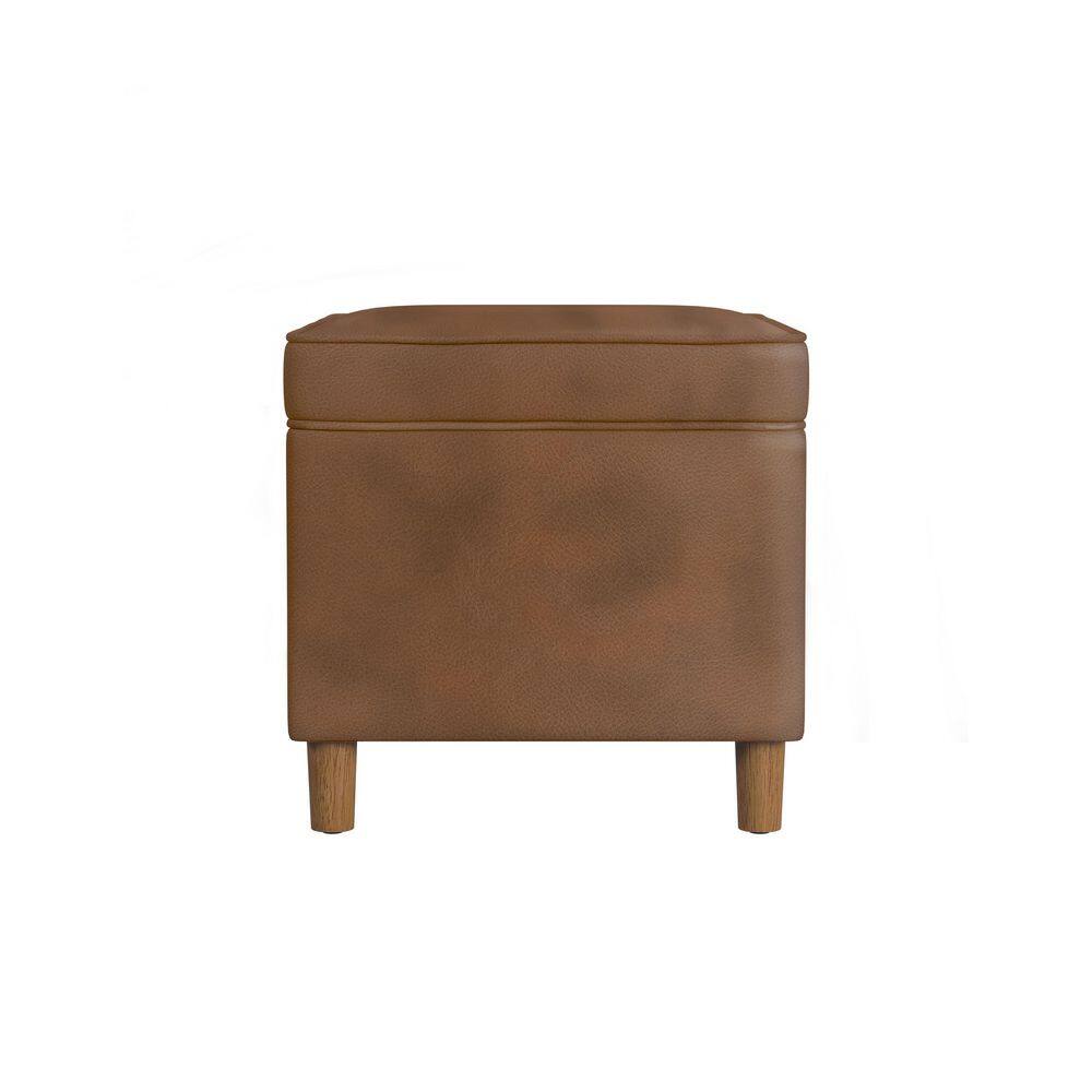 24" Dark Brown Faux Leather Storage Ottoman with Honey Oak Legs