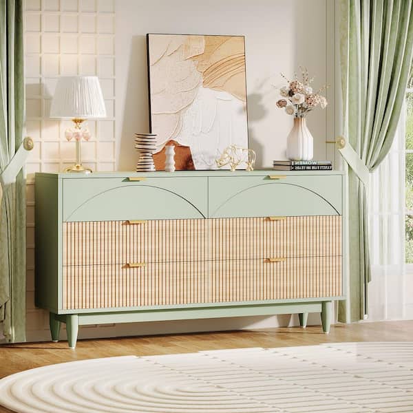 BYBLIGHT Green 6-Drawer 55.1 in. W Dresser with Gold Metal Handles