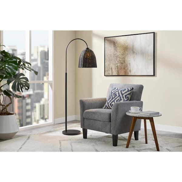 Hampton Bay Highler 61 in. Matte Black Floor Lamp with Black Rattan Shade