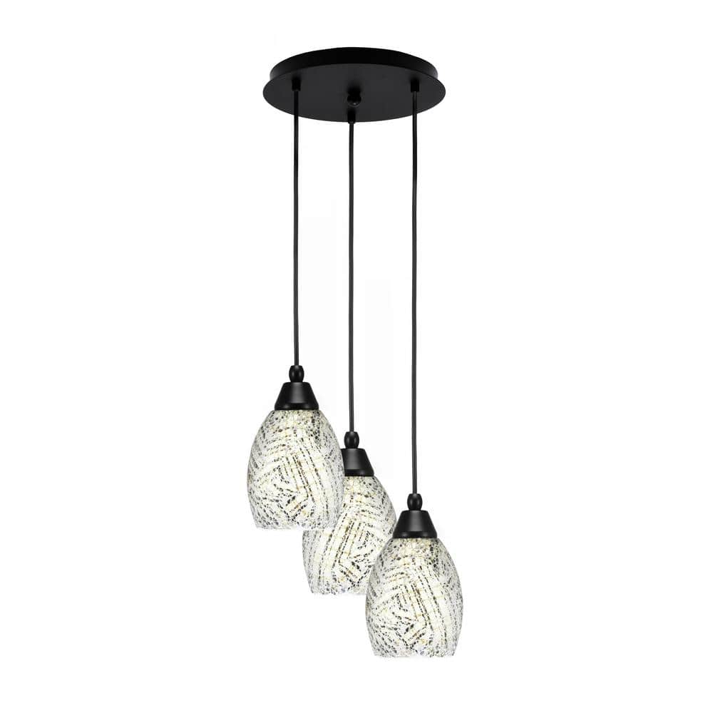 Savannah 10 in. 3-Light Matte Black Cord Pendant Light Natural Fusion Glass