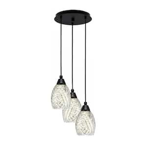 Savannah 10 in. 3-Light Matte Black Cord Pendant Light Natural Fusion Glass Shade