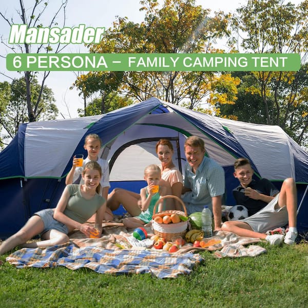 13 ft. x 7.5 ft. 6-Person Family Camping Tent Pop up Backpacking Outdoor Tent in Blue