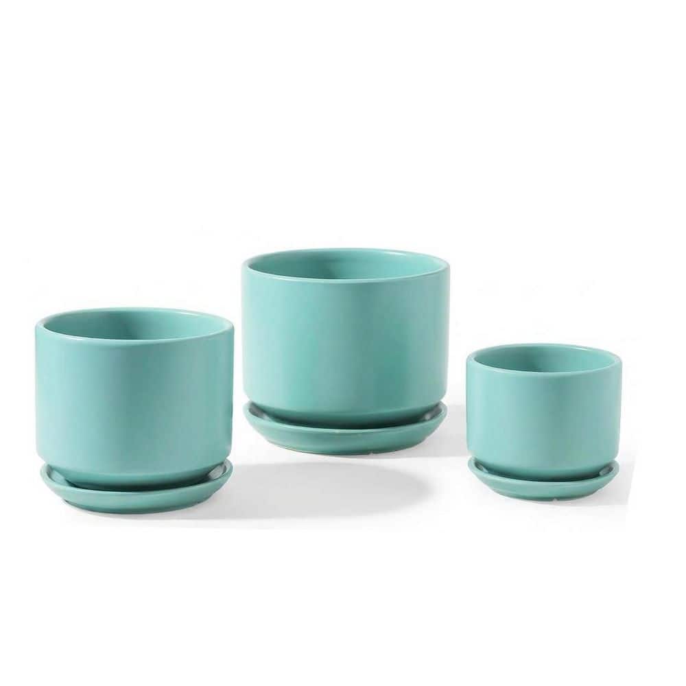 3-Set Aqua Ceramic Planters with Drainage Hole and Saucer, Indoor Flower Pot with Hole Mesh Pad price history on PriceWatchPro