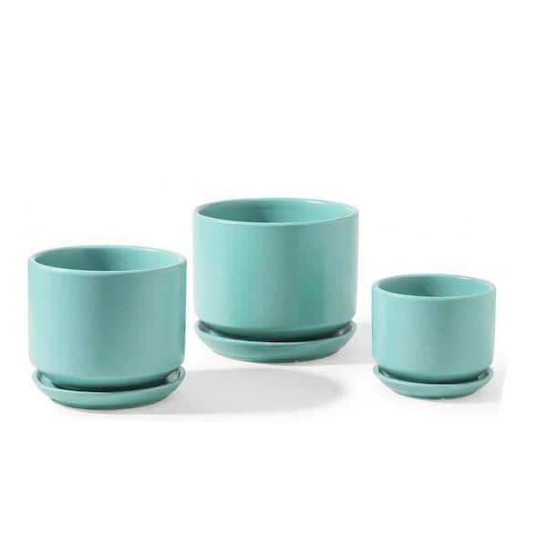 OGETFUUR 3-Set Aqua Ceramic Planters with Drainage Hole and Saucer, Indoor  Flower Pot with Hole Mesh Pad TL6R-9J6 - The Home Depot