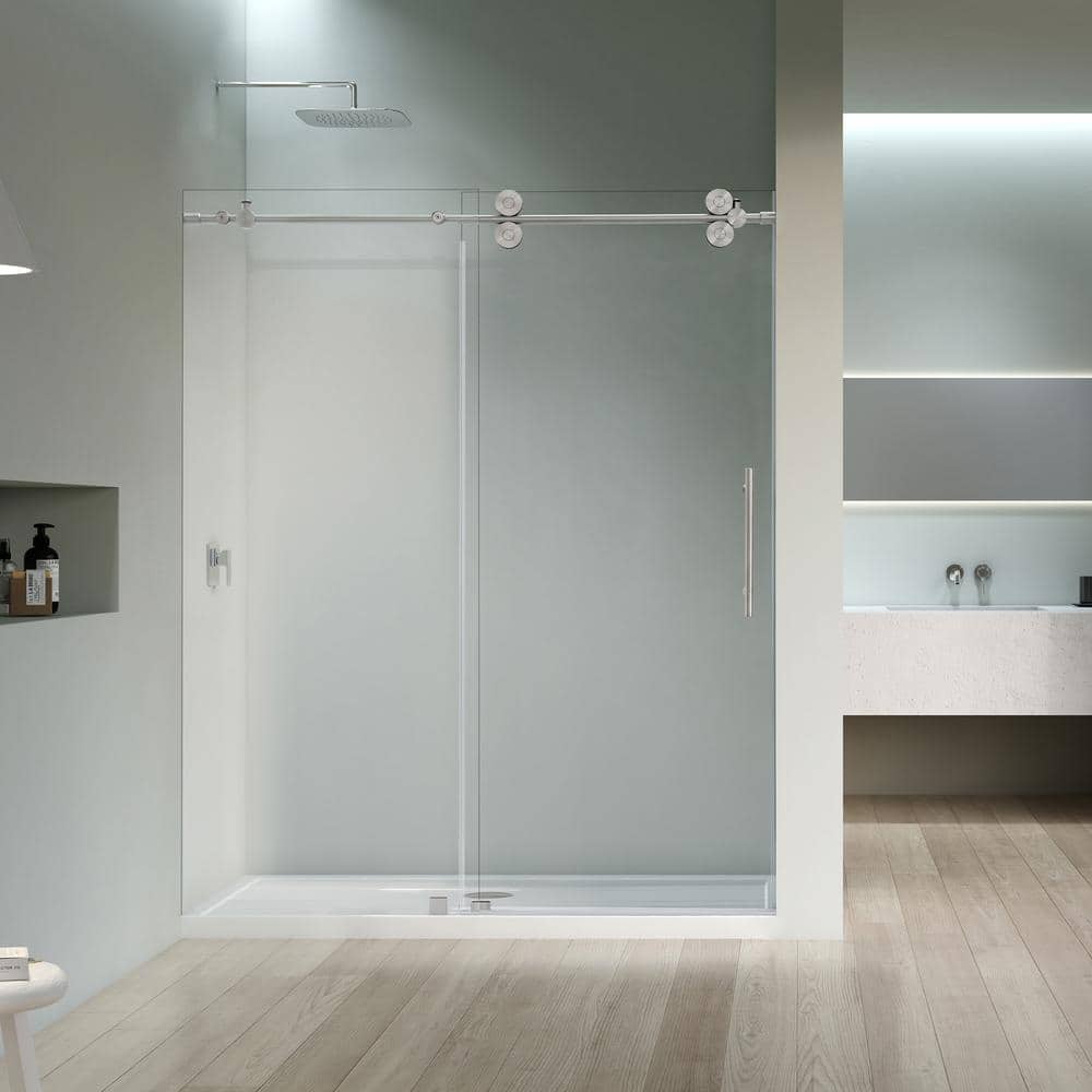 68" Frameless Clear Glass Sliding Shower Door with Brushed Nickel Finish