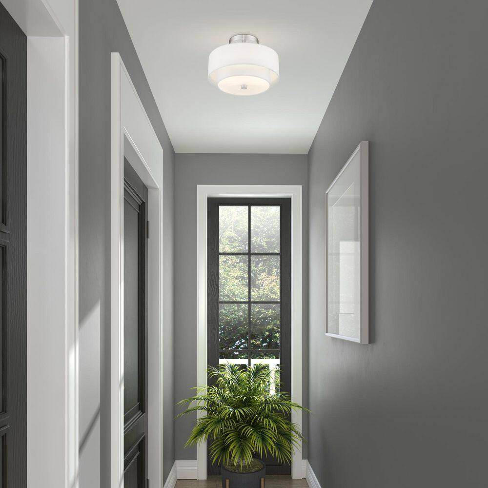 Claremont Brushed Nickel 2-Light Semi-Flush Mount with Off-White Drum Shade