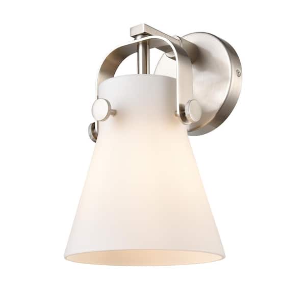 Innovations Pilaster II Cone 6.5 in. 1-Light Satin Nickel Wall Sconce with Glass Shade