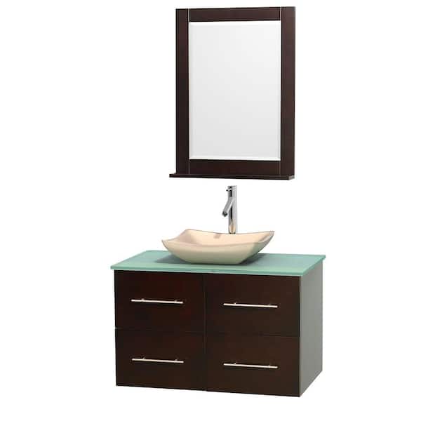 Wyndham Collection Centra 36 in. Vanity in Espresso with Glass Vanity Top in Green, Ivory Marble Sink and 24 in. Mirror