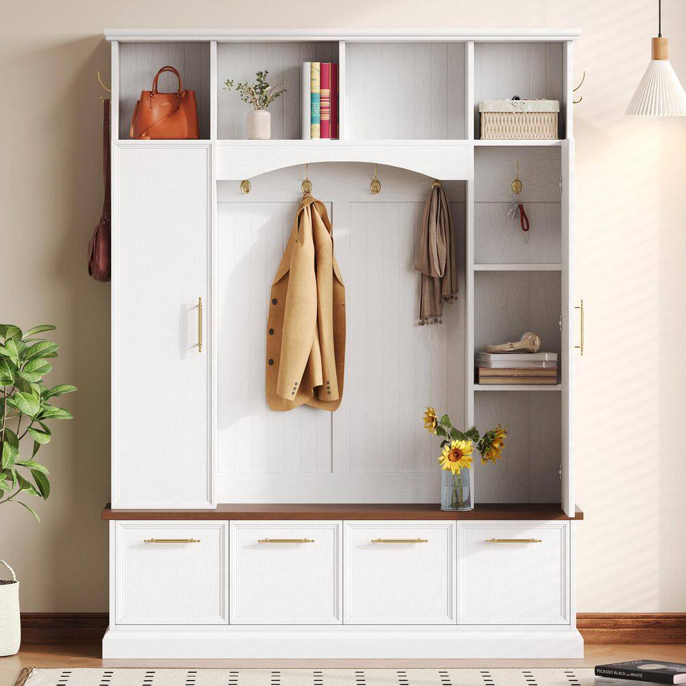 White MDF Wood Hall Tree with Golden Hooks and Handles, Practical Entryway Walnut Bench and Adjustable Shelves price history on PriceWatchPro