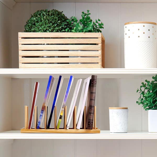 Natural Finish Wooden Plate Rack Stand Dish Rack Organizer 18-Pack for Kitchen Cabinet Cups Lids Books Bowls