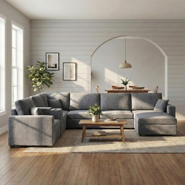 Bastor Modern 134.3 in. Square Arms Chenille Upholstered U-Shaped Sectional Sofa in Grey with Cup Holders and Pillows