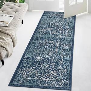 Wilton Vintage Blue 2 ft. 3 in. x 7 ft. 3 in. Moroccan Low Pile Distressed Non-Shedding in Rectangle Area Rugs