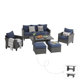 6-Piece Wicker Grey Outdoor Conversation Set with Lift Table and Ottomans, Navy Blue Cushions