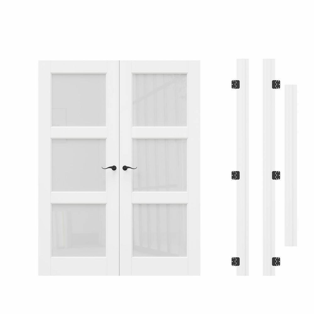 60 in. x 80 in. 3-Lite Frosted Glass Universal White Solid Core Wood Double Prehung French Door+ Quick Assemble Jamb price history on PriceWatchPro