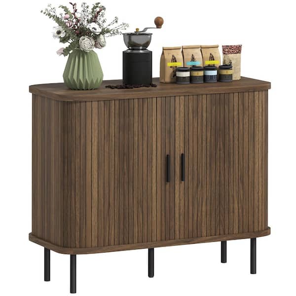 35.4 in. MDF Top Sideboard Buffet Cabinet with Storage, Coffee Bar Cabinet with Slatted Tambour Doors, Walnut