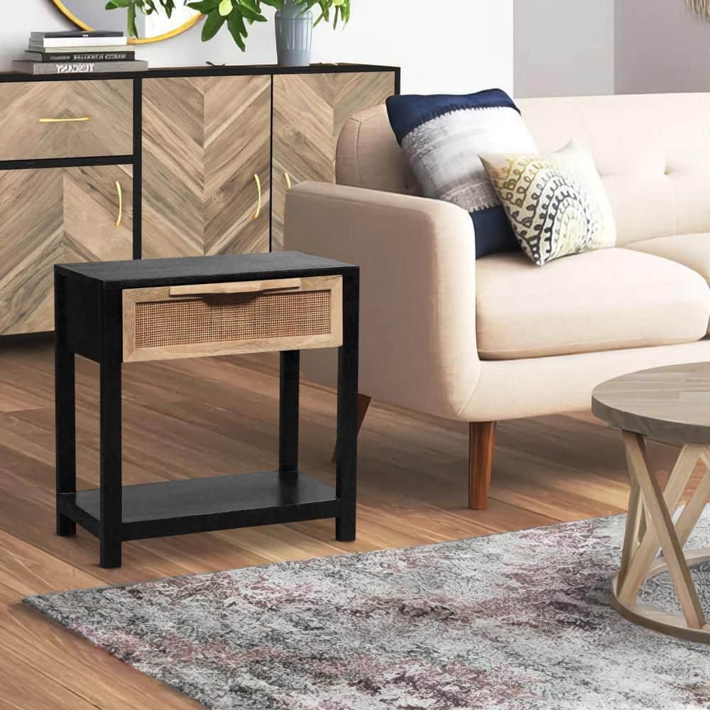 Tia 22 Inch Black Pine Wood Side Table with Rattan Drawer
