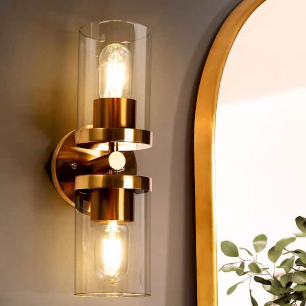 Uolfin 13.8 in. H Transitional Cylinder Bathroom Vanity Light 2-Light Modern Plating Brass Wall Light with Clear Glass Shades