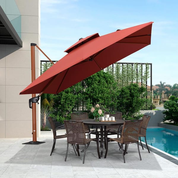 PURPLE LEAF 10 ft. Square High-Quality Wood Pattern Aluminum Cantilever Polyester Patio Umbrella with Base Plate, Brick Red