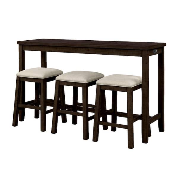 Unbranded 4-Piece Brown Solid Wood Outdoor Bistro Set Counter Height Table with Stools Bar Set with Socket and Beige Cushions