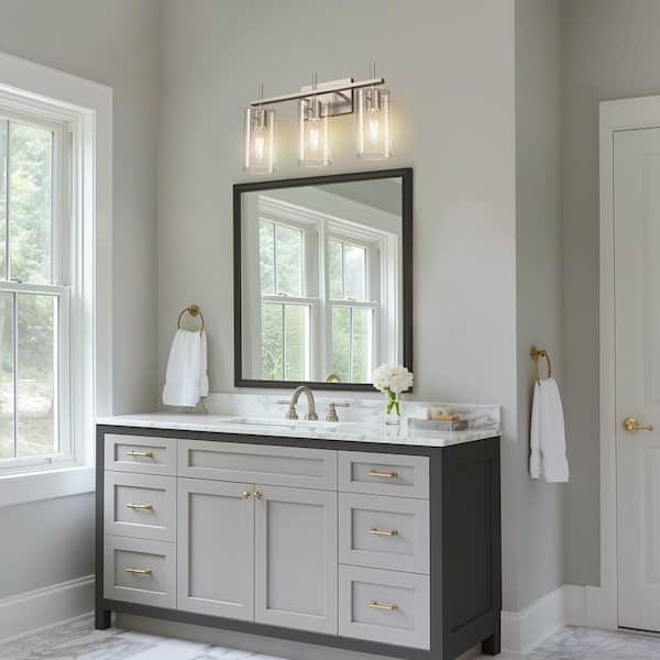 20 in. 3-Light Bathroom Brushed Nickel Metal Vanity Light Frame with Clear Glass Shades, Modern Bathroom Lighting