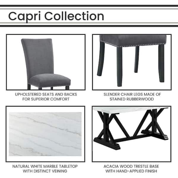 Hanover Capri 7-Piece Dining Set with Linen Side Chairs, Natural Marble  Table Top and Wood Trestle Base