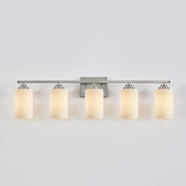 35 in. 5-Light Brushed Nickel Vanity Light with Frosted Glass Shade