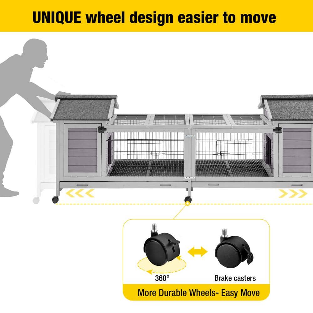 Gray Wooden Indoor/Outdoor Rabbit Hutch with Double House and Run