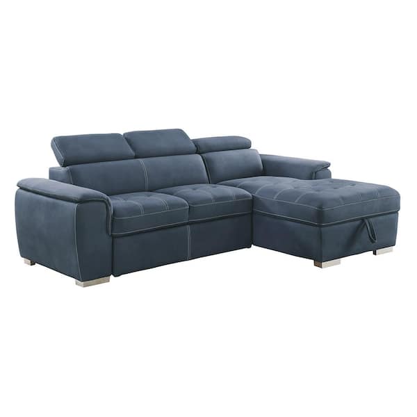 Lazzara Warrick 98 in. Straight Arm 2-piece Microfiber Sectional Sofa in. Blue with Adjustable Headrest and Right Chaise