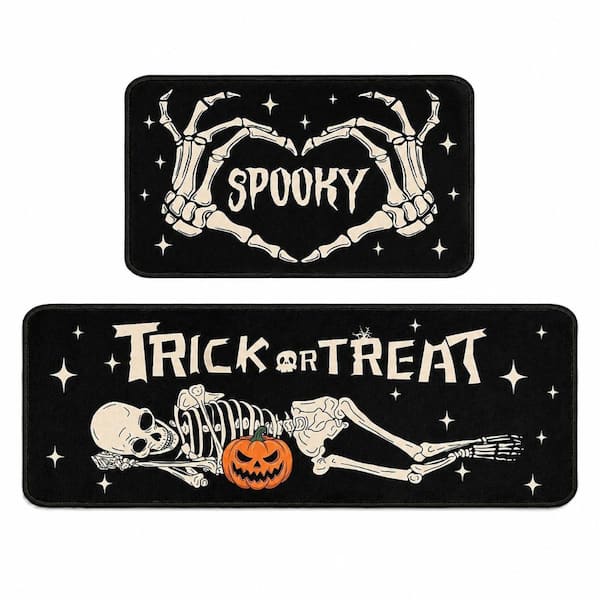 Halloween Skeleton Kitchen Rug Set, 2-Piece Microfiber Mats, Machine-Made Low Pile, 17 x 47 in and 17 x 30 in