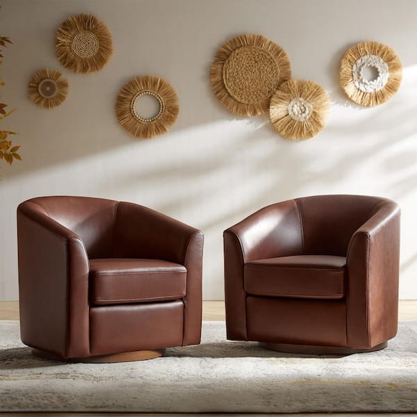 Teeny Brown Modern Genuine Leather Swivel Barrel Chair with Solid Wood Base Set of 2