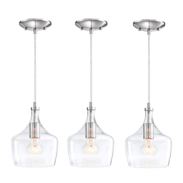 1-light 60-Watt Brushed Nickel Mini Pendant Light with Clear Glass Shade and no Bulbs included (3-Pack)