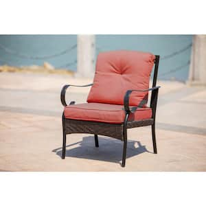 W25 In. Metal Wicker Outdoor Lounge Chair with Red Cushions