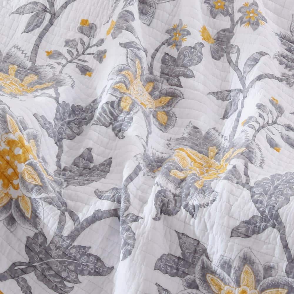 Reversible Floral Cotton Quilted Throw in White, Grey, and Yellow