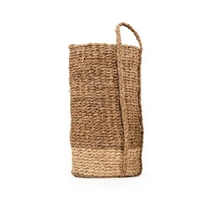 Two-toned Hand Woven Cylindrical Wicker Seagrass and Corn Husk Leaf Large Basket with Single Handle
