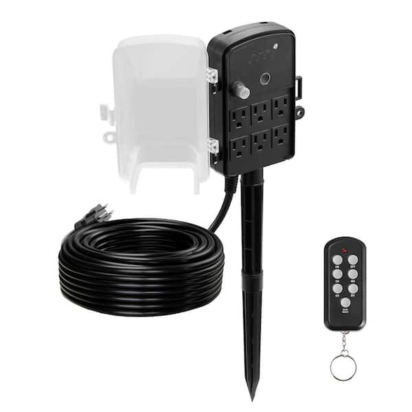 100FT. Outdoor Power Stake, Weatherproof Power Strip with Cover & Timer, 6 Outlets, 1625W/13A, Garden Lights Ready