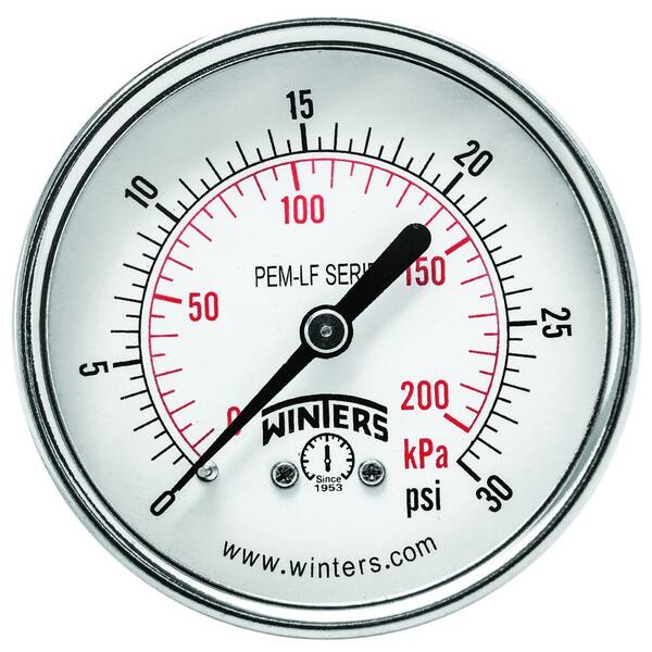 Winters Instruments PEM-LF Series 2.5 in. Lead-Free Brass Pressure Gauge with 1/4 in. NPT CBM and 0-30 psi/kPa