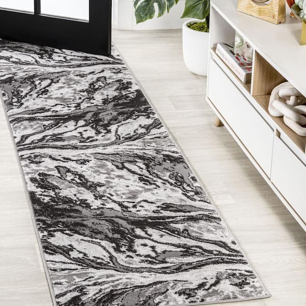 Swirl Marbled Abstract Black/Ivory 2 ft. x 8 ft. Runner Rug