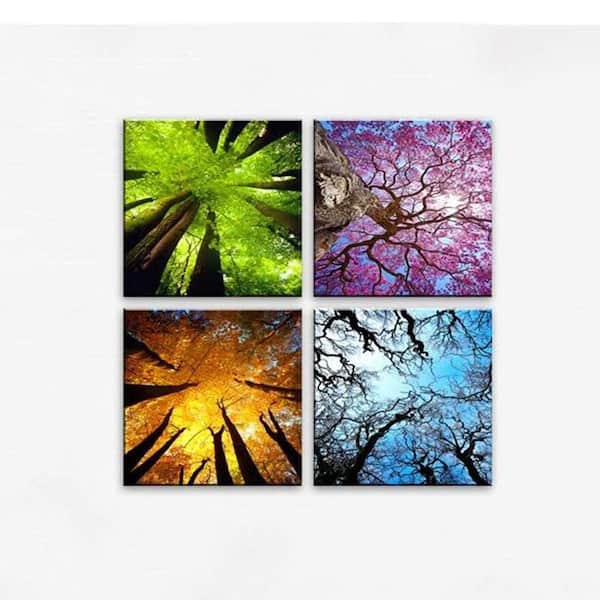 4-Panel 4-Seasons Canvas Art-Color Tree Landscape Prints Stretched and Framed for Living Room Decor 12 in. x 12 in.